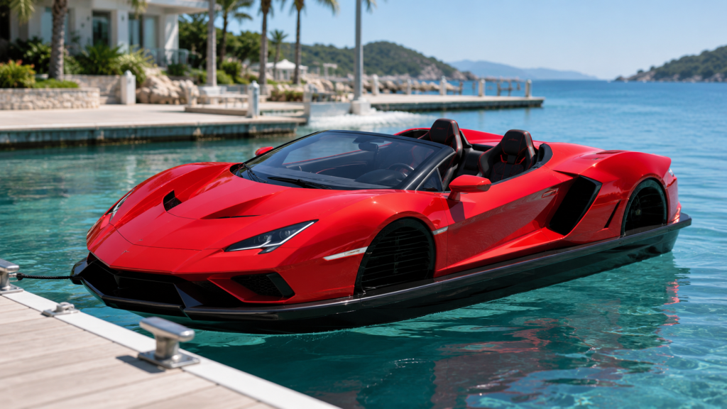 Red water jet car moored beside a resort marina