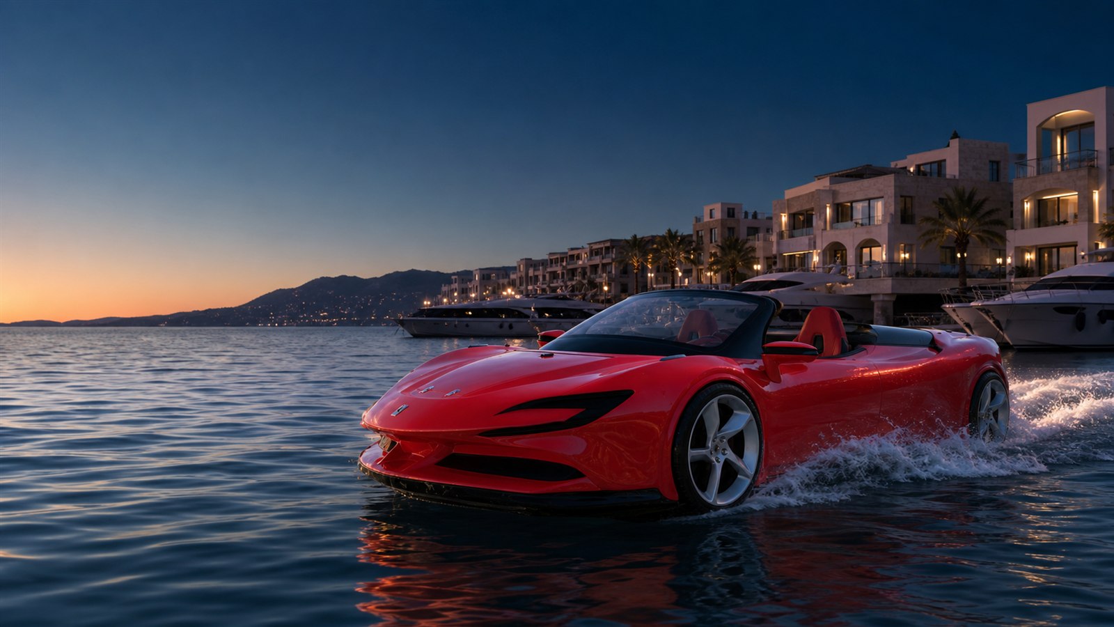 Red water supercar cruising beside a marina at dawn