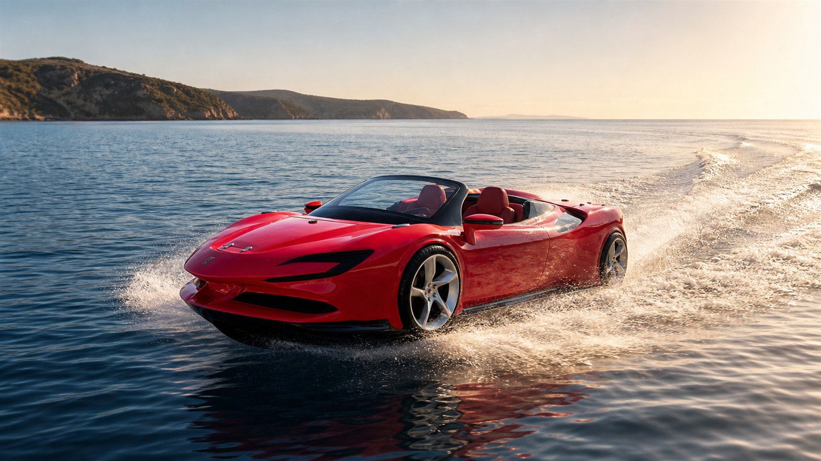 Red water supercar underway on open coastal water