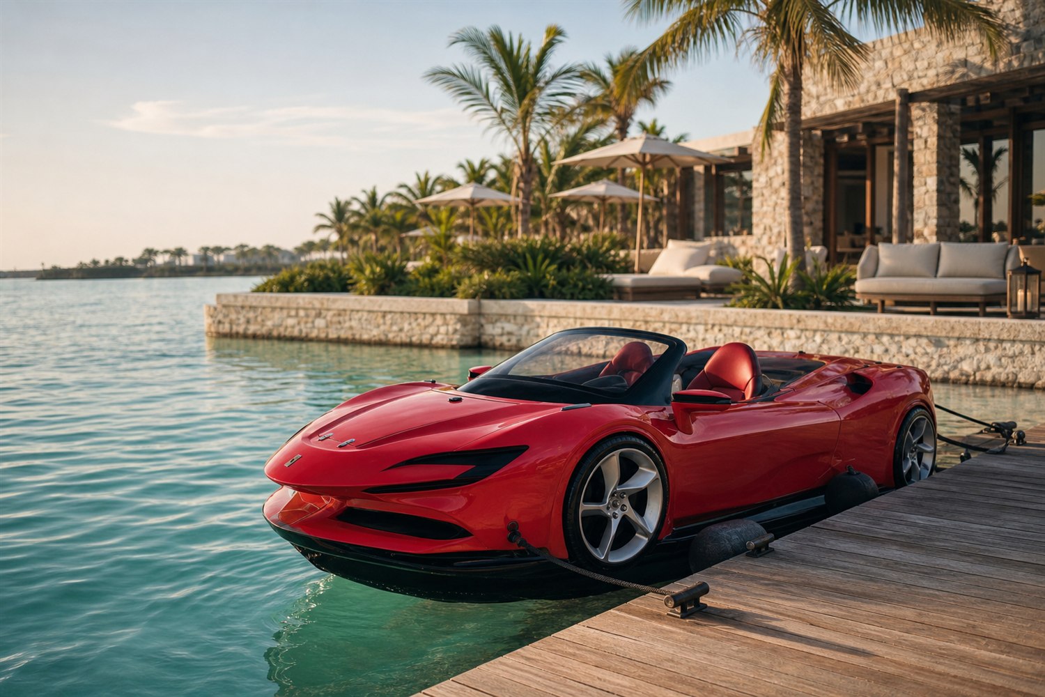 Red water supercar moored at a coastal resort
