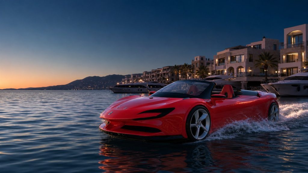Red five-seat water supercar cruising beside a marina at dawn