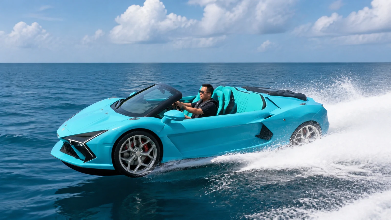 Turquoise water jet car driving at high speed across the open sea