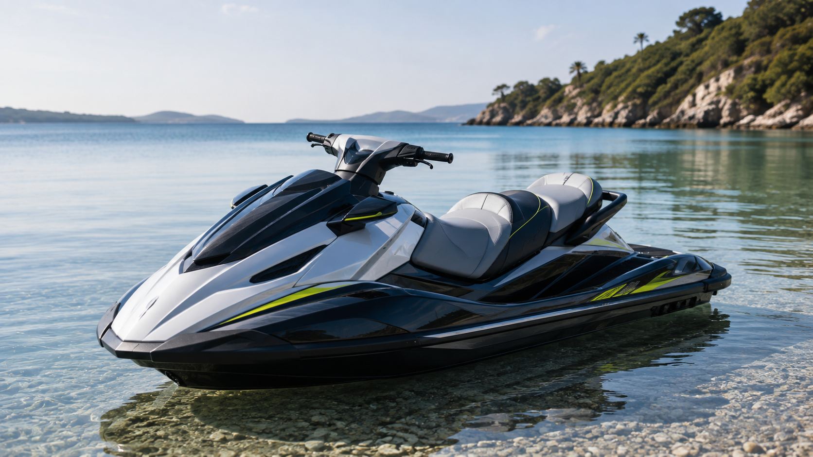 Black and white jet ski floating near a rocky shoreline